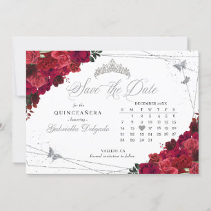 Invitation Red Roses & Silver Quinceañera Enregistrer La Date