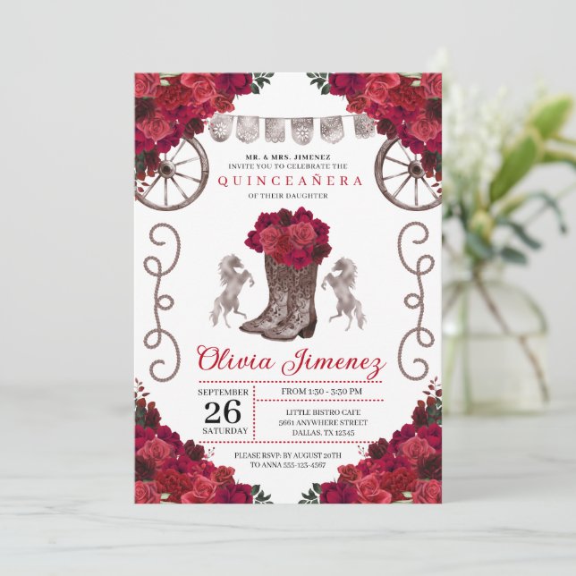 Invitation Red Roses Silver Western Cowgirl Boots Quinceanera (Debout devant)