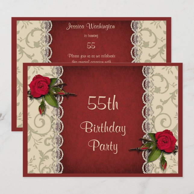 Invitation Red Roses & White Lace 55e anniversaire (Devant / Derrière)