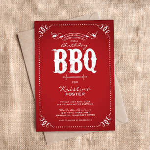 Invitation Red Rustic Birthday Party BBQ