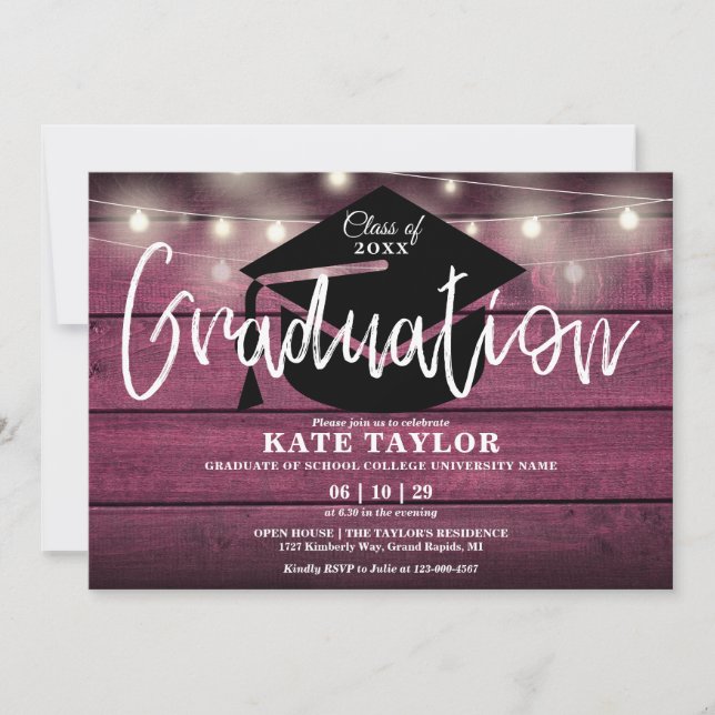 Invitation Red Rustic Bois Chaîne Lights Graduation Party (Devant)