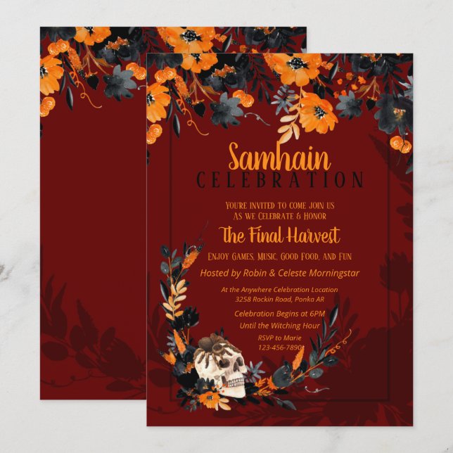 Invitation Red Samhain Floral Skull Halloween Party (Devant / Derrière)