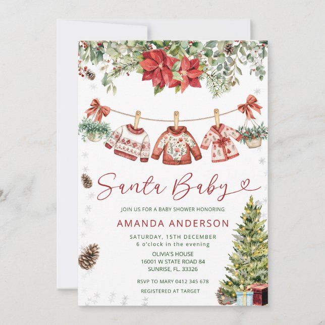 Invitation Red Santa Baby Christmas Clothlines Baby Shower  (Devant)