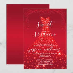 Invitation Red Sequin Ball Gown & Swirls Sweet 16 Anniversair