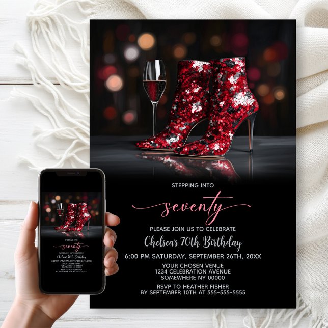 Invitation Red Sequin Boots 70th Birthday Party (Créateur téléchargé)