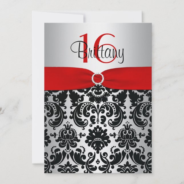 Invitation Red, Silver et Black Damask Sweet 16 (Devant)