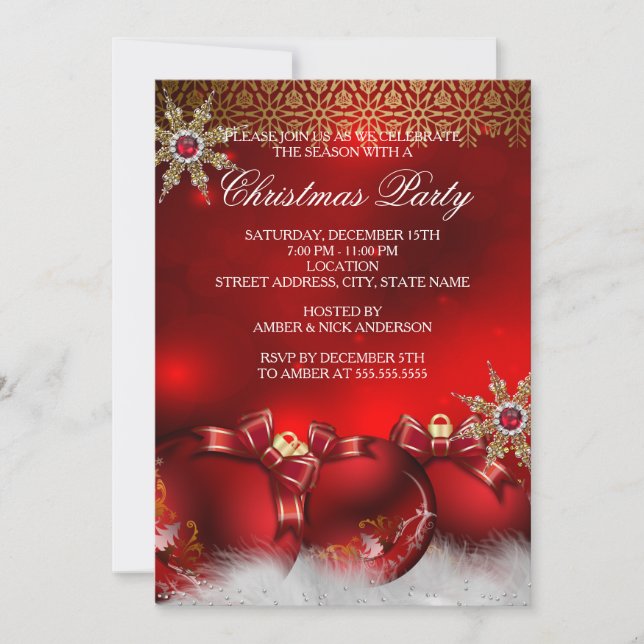 Invitation Red Silver Gold Holly Baubles Noël Fête Nouveau4 (Devant)