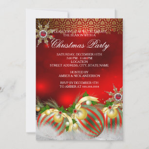 Invitation Red Silver Gold Holly Baubles Noël Party new2