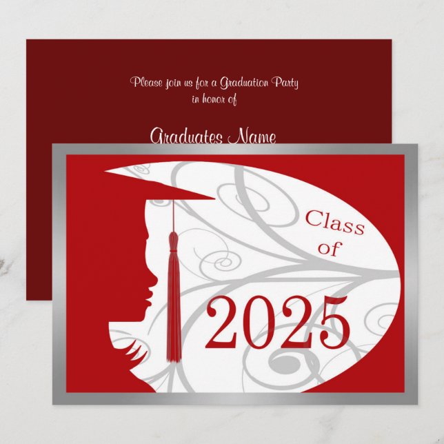 Invitation Red & Silver Silhouette 2025 Graduation Party (Devant / Derrière)