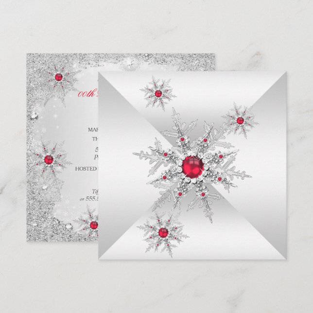 Invitation Red Snowflakes Winter Wonderland Anniversaire (Devant / Derrière)