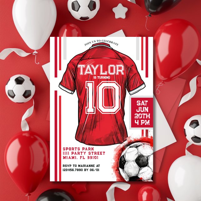 Invitation Red Soccer Sports Boy Jersey Anniversaire de enfan (Red Soccer Sports Boy Jersey Kids Birthday Party Invitation)