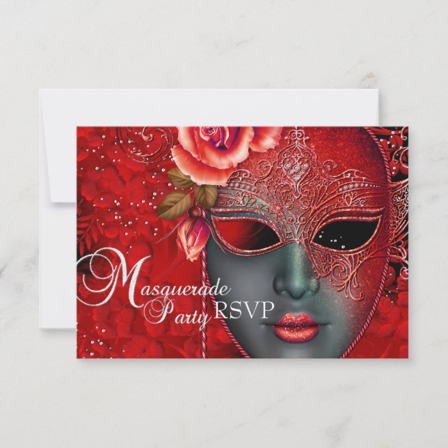 Invitation Red Sparkle Masquerade Party RSVP (Devant)