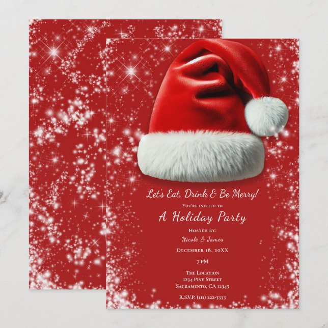 Invitation Red Sparkle Santa Hat Fête de Noël (Devant / Derrière)
