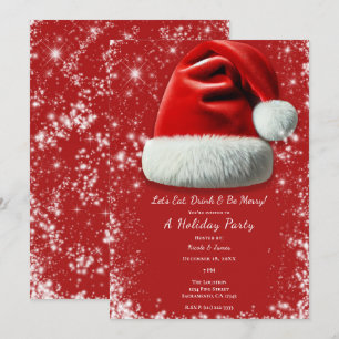 Invitation Red Sparkle Santa Hat Fête de Noël