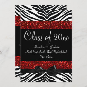 Invitation Red Sparkle Zebra Bow Graduation