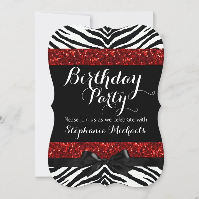 Invitation Red Sparkle Zebra Girl'anniversaire (Devant)