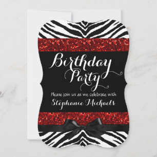 Invitation Red Sparkle Zebra Girl'anniversaire