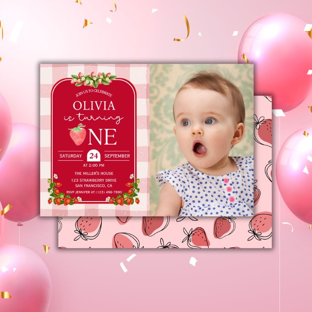 Invitation Red Strawberry 1er anniversaire Photo Girl Party (Strawberry 1st birthday girl photo party invitation)