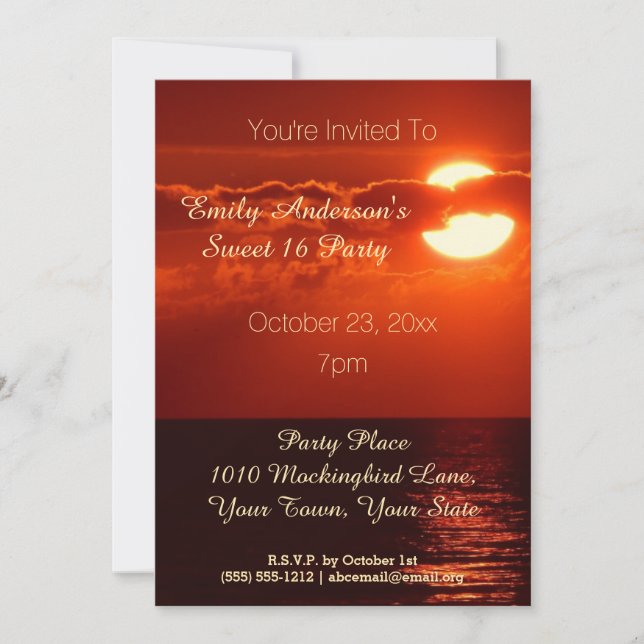 Invitation Red Sunset Summer Beach Thème Sweet 16 Anniversair (Devant)