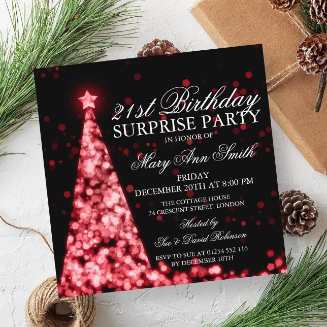 Invitation Red Surprise 21e anniversaire lumières de Noël (Red Surprise 21st Birthday Christmas Lights Invitation)
