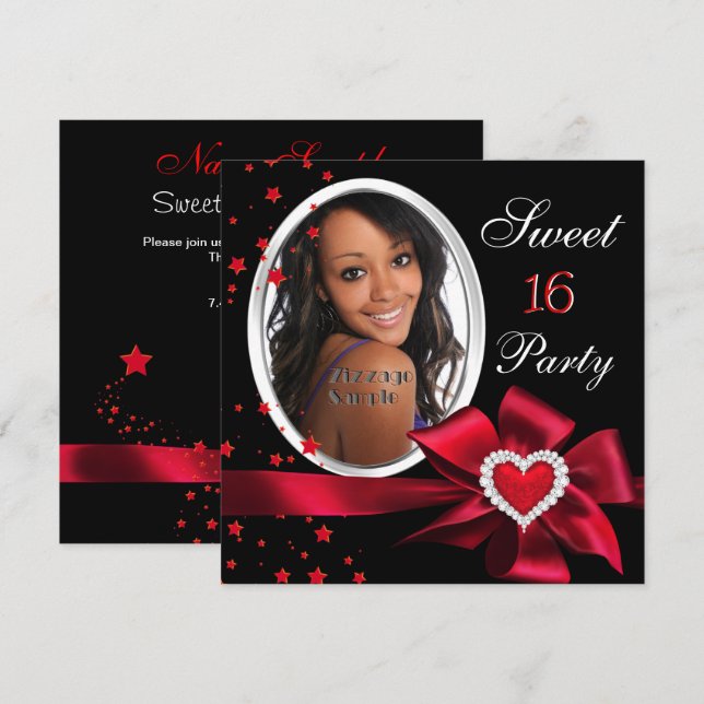 Invitation Red Sweet 16 Anniversaire Fête Coeur Photo Argent (Devant / Derrière)