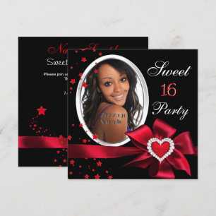 Invitation Red Sweet 16 Anniversaire Fête Coeur Photo Argent