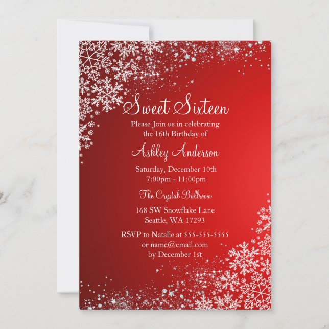 Invitation Red Sweet 16 Winter Wonderland Sparkle Snowflakes (Devant)