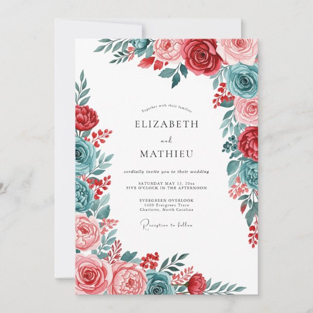 Invitation Red Teal Gracious Botanical Wedding (Devant)
