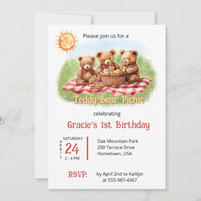 Invitation Red Teddy Bear Pique-nique 1er Anniversaire (Devant)