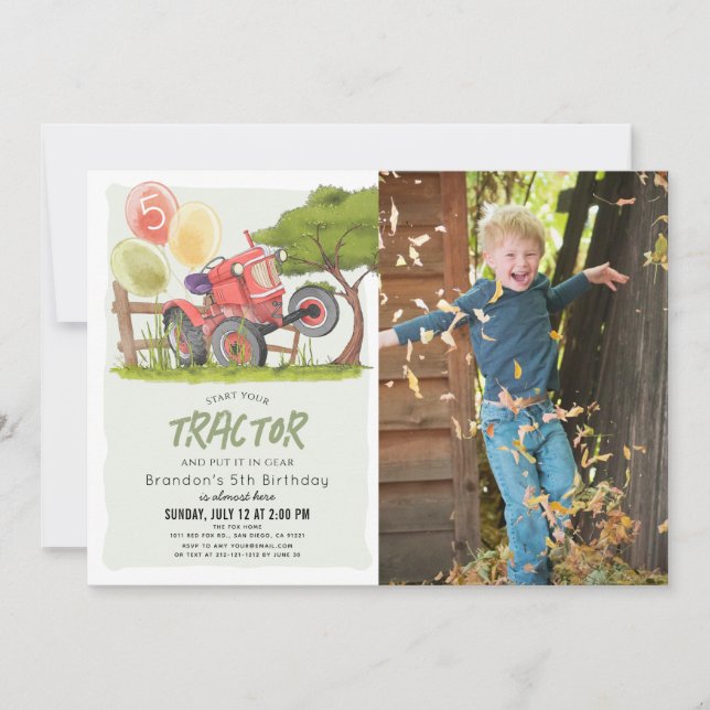 Invitation Red Tractor Farm Boy Photo Anniversaire (Devant)
