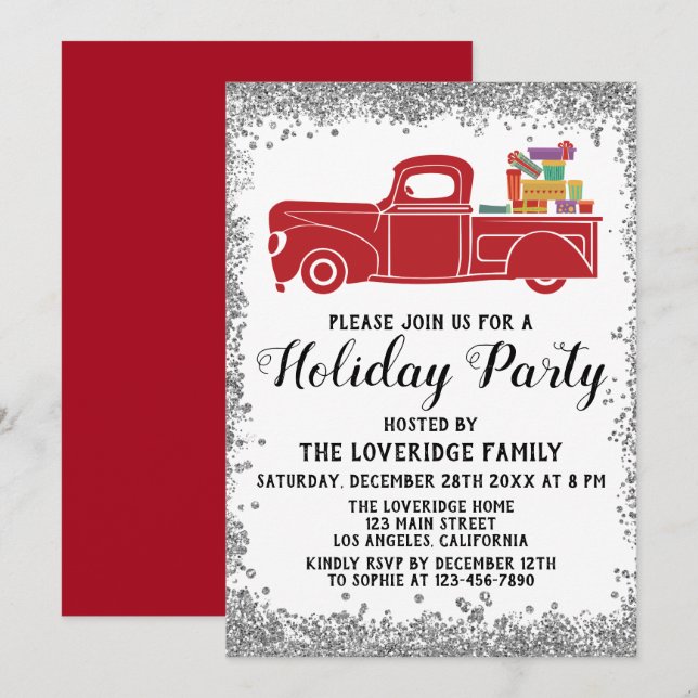 Invitation Red Truck Cadeaux Noël Fête Argent (Devant / Derrière)