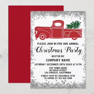 Invitation Red Truck Xmas Tree Company Christmas Party Argent