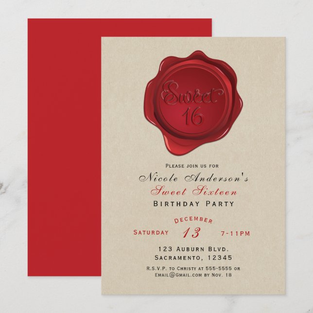 Invitation Red Wax Seal Sweet 16 Rustic Kraft fête d'annivers (Devant / Derrière)