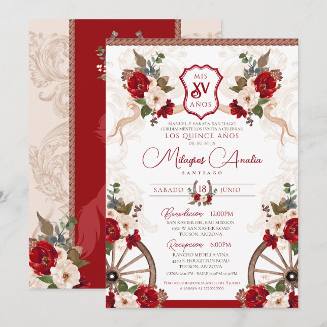 Invitation Red Western élégant baroque Charro Quinceañera (Devant / Derrière)