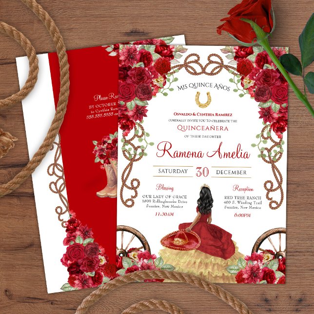 Invitation Red Western Rustic Floral Charra Quinceanera (Créateur téléchargé)