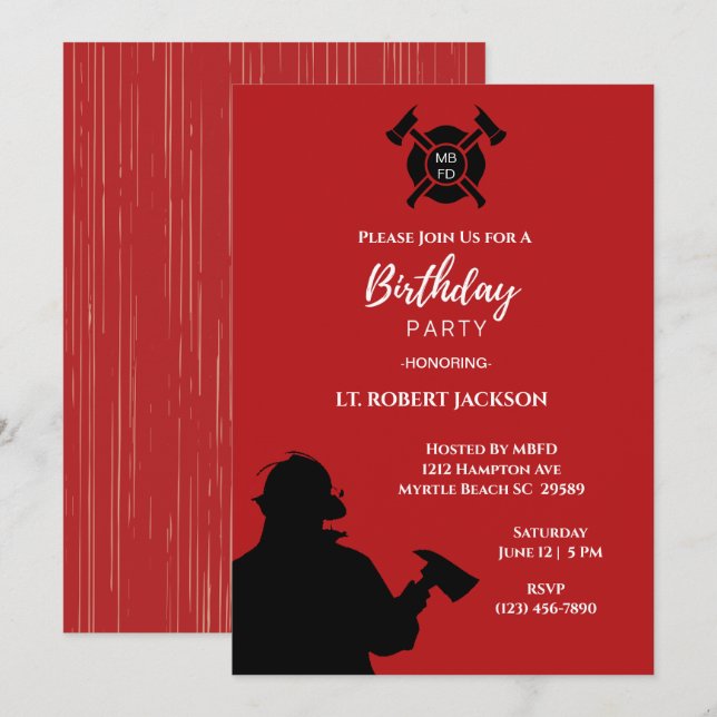 Invitation Red White Black Firefighters fête d'anniversaire (Devant / Derrière)