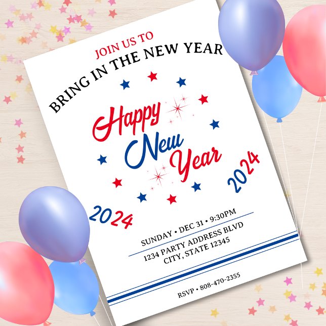 Invitation Red White & Blue Star Bonne année 2024 (Red White & Blue Star Happy New Year 2024 Invitation)