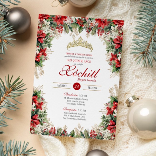 Invitation Red White Gold Holiday Floral hiver Quinceañera (Créateur téléchargé)