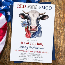 Invitation Red White Moo Patriotique Cow Farm 4 juillet