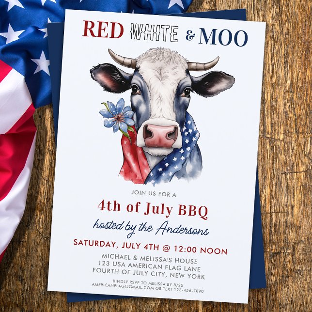 Invitation Red White Moo Patriotique Cow Farm 4 juillet (Créateur téléchargé)