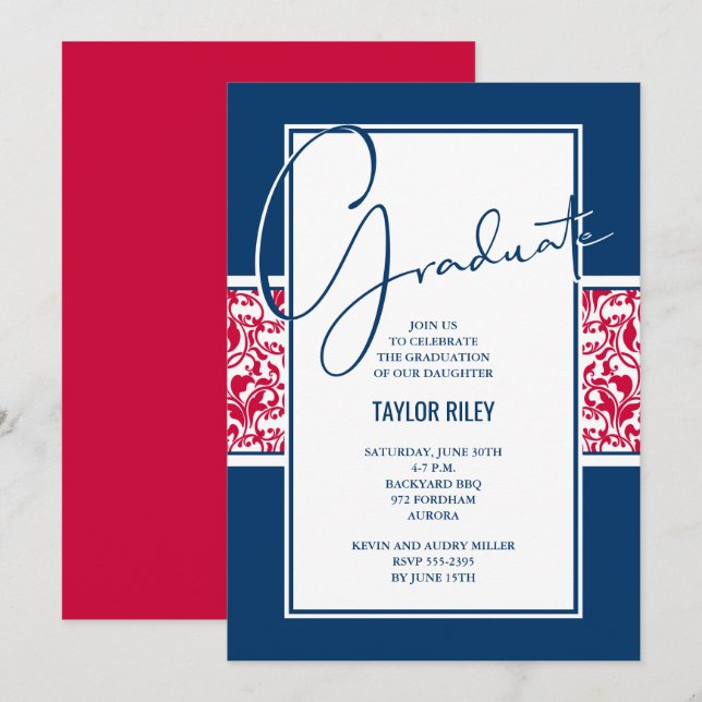 Invitation Red White Navy Damask Graduation (Devant / Derrière)