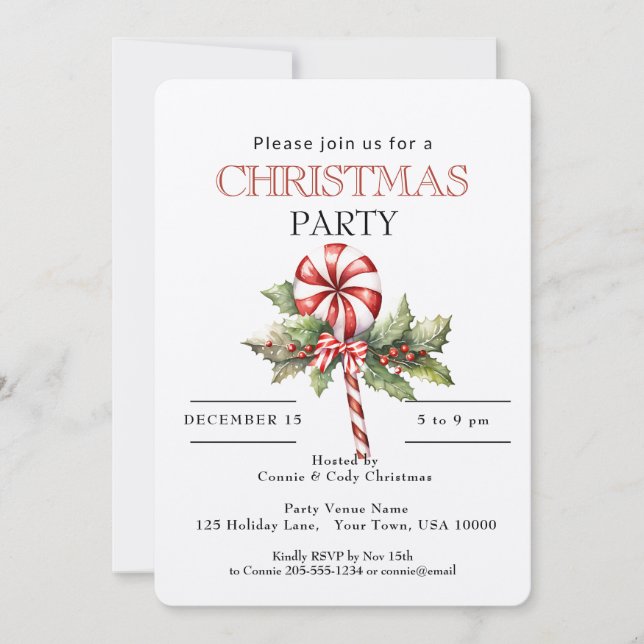 Invitation Red & White Striped Lollipop, Christmas Party  (Devant)