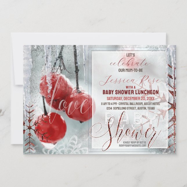 Invitation Red White Winter Love Baby shower magique (Devant)