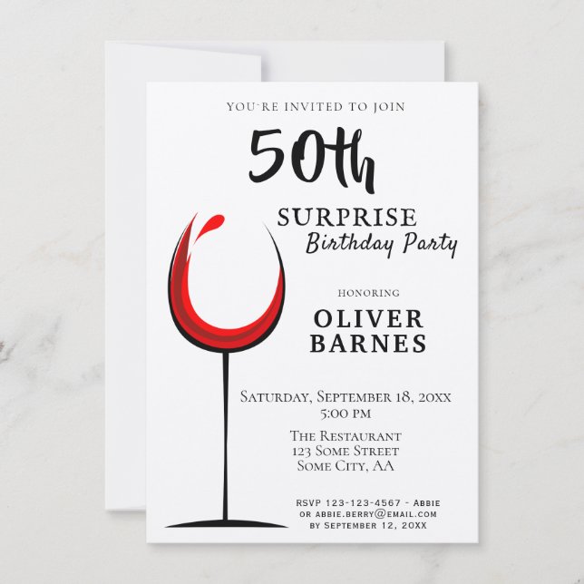 Invitation Red Wine Kraft Surprise 50e anniversaire fête (Devant)