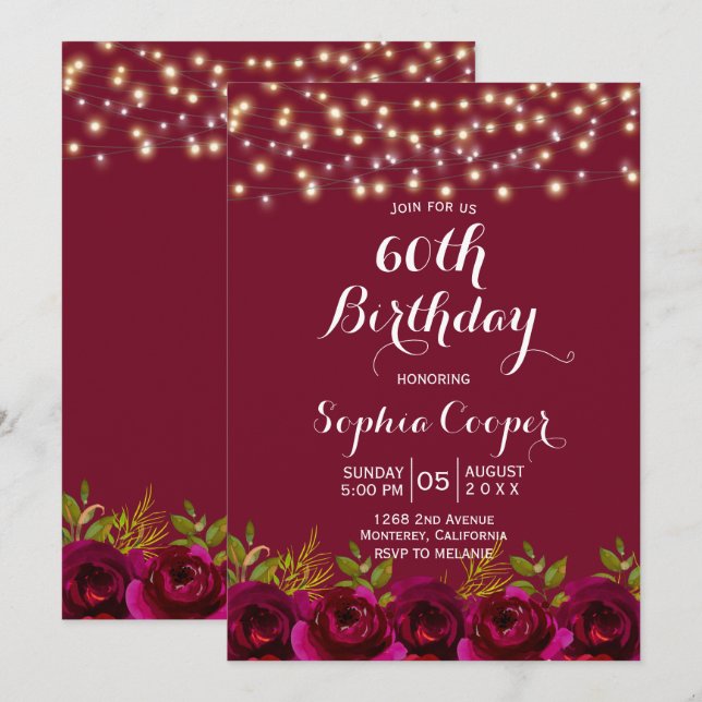 Invitation Red Wine String Lights 60e fête d'anniversaire (Devant / Derrière)
