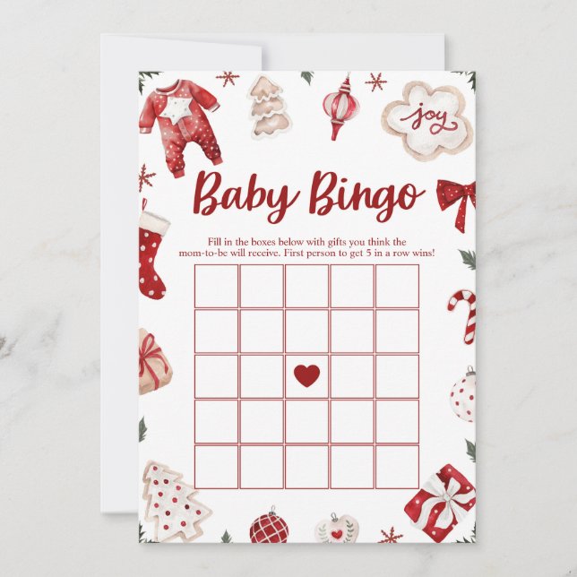 Invitation Red Winter Baby Bingo Baby shower Jeu de Noël (Devant)