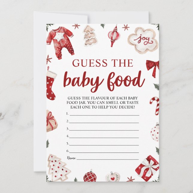 Invitation Red Winter Christmas Guess the Baby Food Game (Devant)
