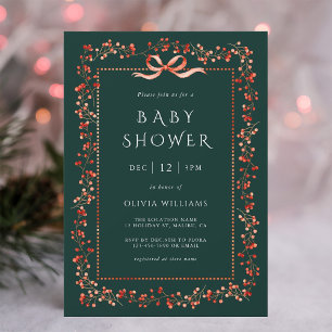 Invitation Red Winterberry Frame Forest Baby shower vert