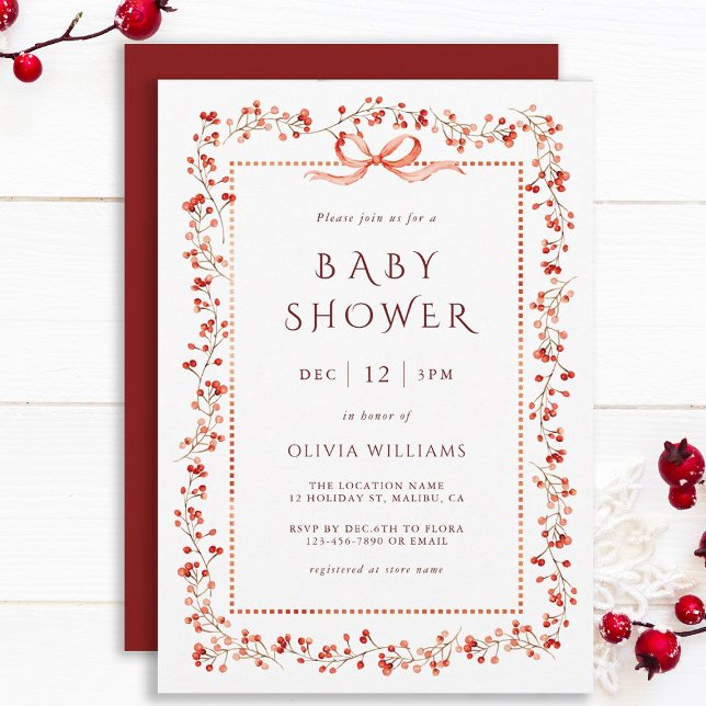 Invitation Red Winterberry Frame Girl Baby shower (Créateur téléchargé)
