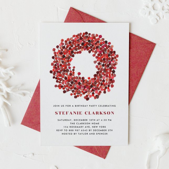 Invitation Red Winterberry Wreath Noël fête d'anniversaire (Birthday party invitation featuring watercolor winterberry wreath. Perfect for Christmas birthdays.)
